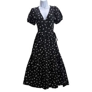 ASOS Designs Tiered Midi Wrap Dress in Black White Ditsy Floral Print Size 4